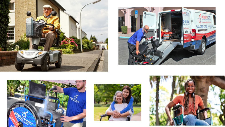 A collage of man riding scooter, scooter being loaded into van, cleaning a scooter, mother daughter, and smiling woman in wheelchair