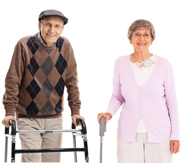 Elderly man with a walker and elderly woman with a cane