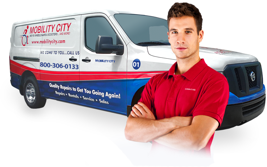 A Mobility City employee imposed over an image of a work van
