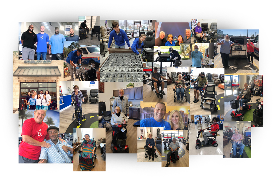 A collage of various employees and customers at Mobility City
